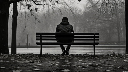 Lonely man sitting on benchの素材