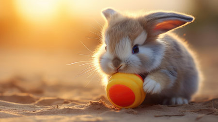Curious rabbit playing with toysの素材