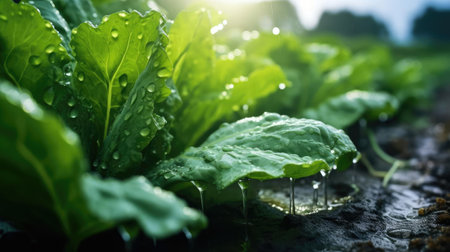 Rain watering plants in farmers fieldの素材