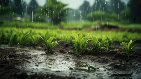 Rain watering plants in farmers fieldの素材