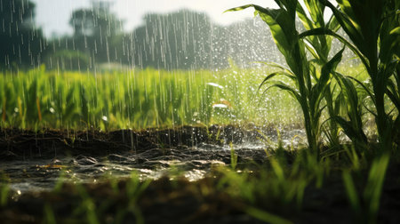 Rain watering plants in farmers fieldの素材