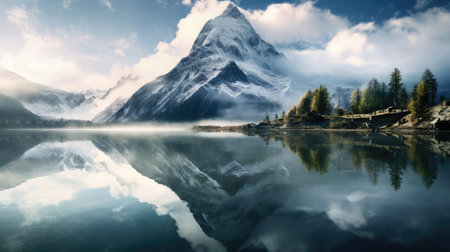 The mountain is reflected in the waterの素材