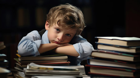 Child has a hard time studying at a table with textbooksの素材