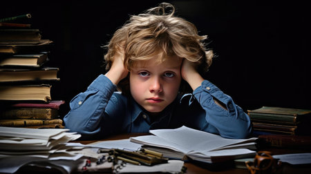 Child has a hard time studying at a table with textbooksの素材