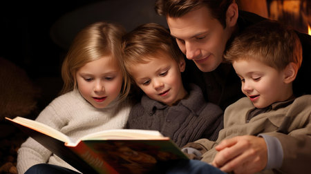 Family with children reading a bookの素材