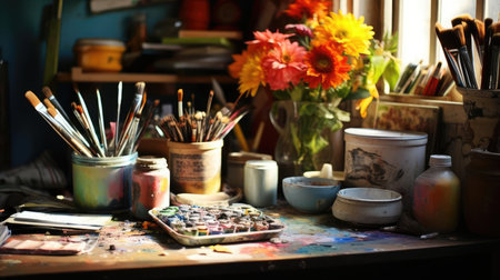 Artists table with brushes and paintsの素材