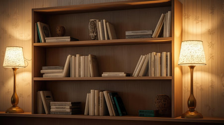 Bookcase with books and lightsの素材