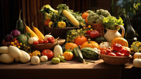 Lots of fresh fruits and vegetables on the tableの素材