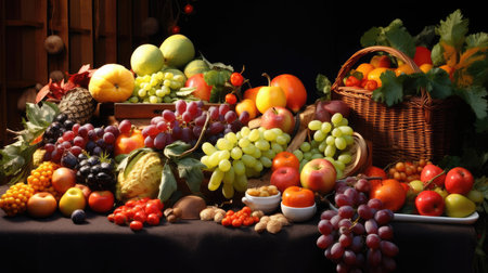 Lots of fresh fruits and vegetables on the tableの素材