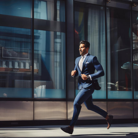 Businessman running near bank buildingの素材