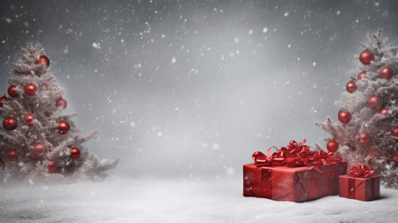 Christmas tree and gift boxes on the background of snow. Empty spaceの素材