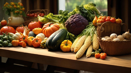 Lots of fresh fruits and vegetables on the tableの素材