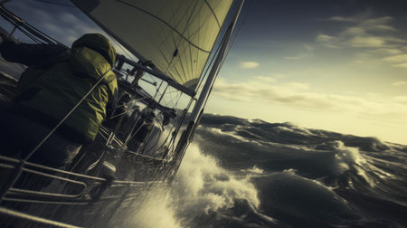 Close-up of a yacht in a stormy seaの素材