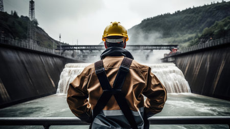 An engineer stands in front of a damの素材