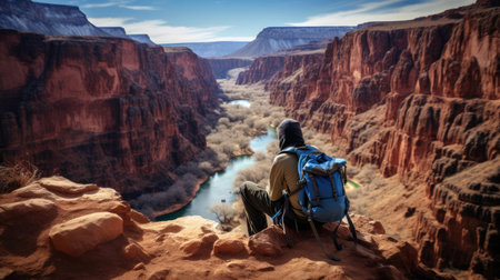 A man sits on the edge of a cliff and looks into the distanceの素材