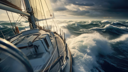 Close-up of a yacht in a stormy seaの素材