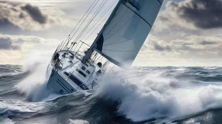 Close-up of a yacht in a stormy seaの素材