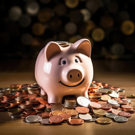 Lots of different coins and piggy bankの素材