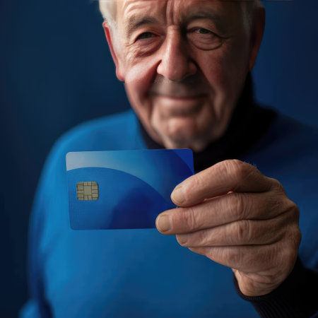 Elderly man holding bank cardの素材