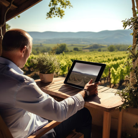 Businessman sitting at table in front of vineyardの素材