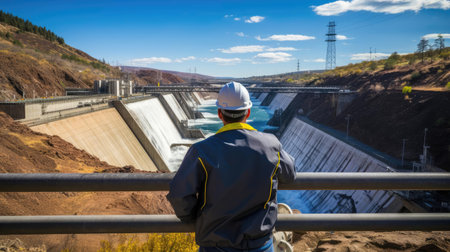 An engineer stands in front of a damの素材