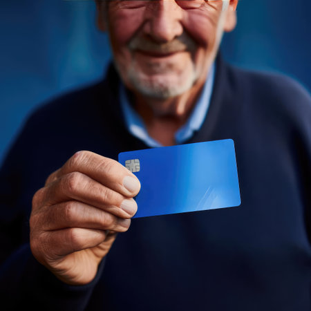 Elderly man holding bank cardの素材