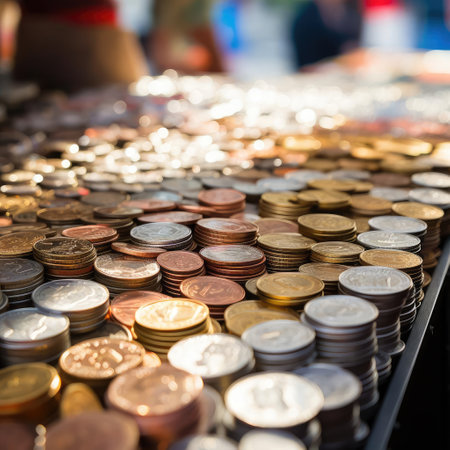 Lots of different coins on the tableの素材