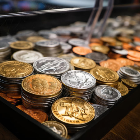 Lots of different coins on the tableの素材