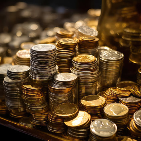 Lots of different coins on the tableの素材