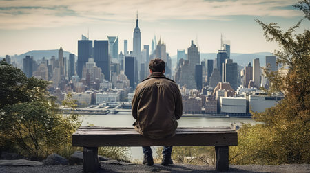 Lonely man sitting in park on benchの素材