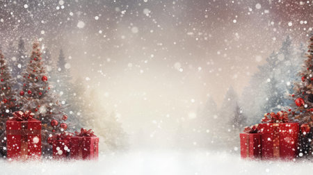 Christmas tree and gift boxes on the background of snow. Empty spaceの素材