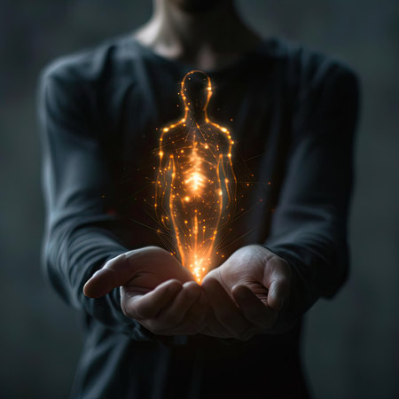 Man holding a glowing hologram of a man in his handsの素材