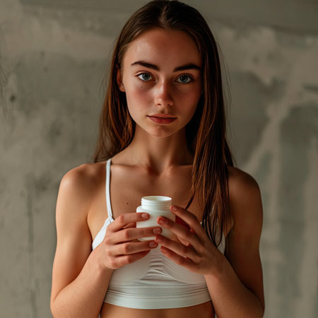Young beautiful girl holding skin care productの素材