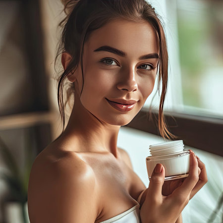 Young beautiful girl holding skin care productの素材