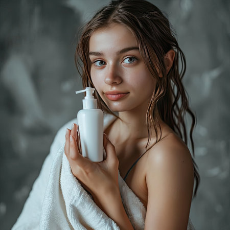Young beautiful girl holding skin care productの素材