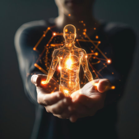 Man holding a glowing hologram of a man in his handsの素材