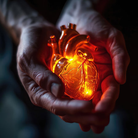 A man holds a luminous heart in his handsの素材