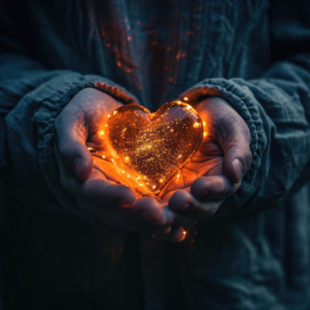 A man holds a luminous heart in his handsの素材