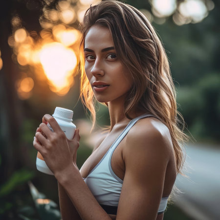 Young beautiful girl holding skin care productの素材