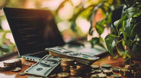 Computer on the Table and Moneyの素材