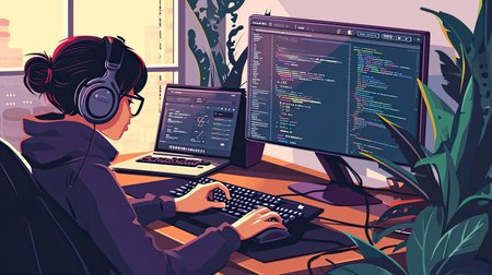 Illustration of a geek at workの素材