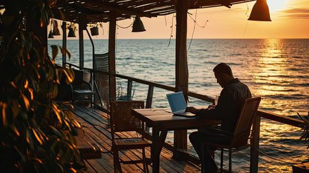 Man on seashore working remotely on computerの素材
