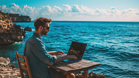 Man on seashore working remotely on computerの素材