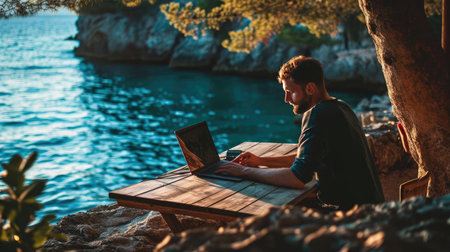 Man on seashore working remotely on computerの素材