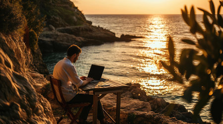 Man on seashore working remotely on computerの素材