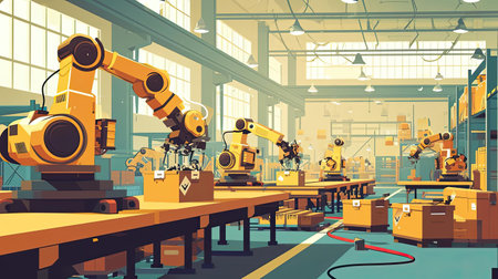 Illustration of industrial robots workingの素材