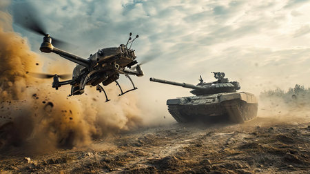 Combat aerial drone attacking a tankの素材