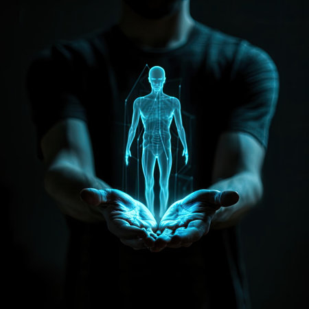 Man holding a glowing hologram of a man in his handsの素材