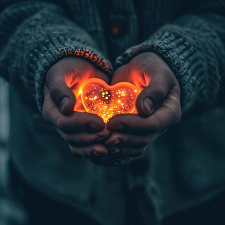 A man holds a luminous heart in his handsの素材