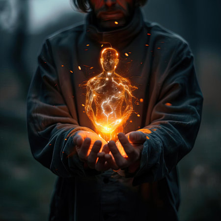 Man holding a glowing hologram of a man in his handsの素材